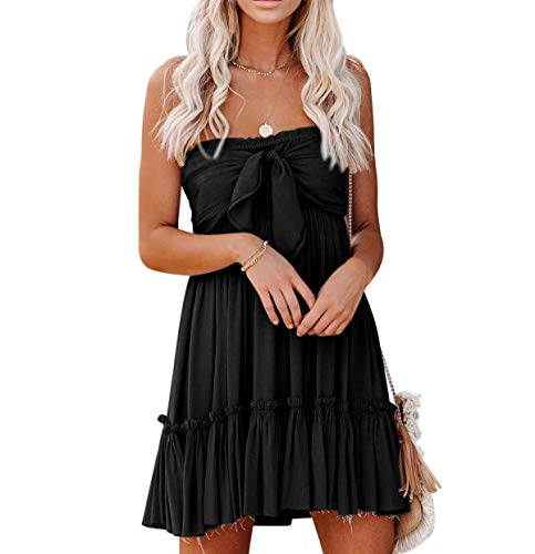 R.Vivimos Women's Summer Cotton Boho Beach Sleeveless Tie Front Mini Dress Tube Top Dress (Small, Black)