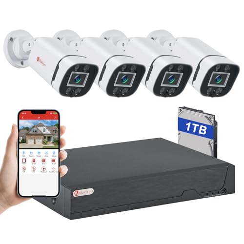 AIWIXEN Sistema de cámara de seguridad CCTV con cable H.265+ 3K Lite de 8 canales con detección de vehículos humanos, cámara de vigilancia IP68 de 5 MP para interiores y exteriores, disco duro de 1 TB