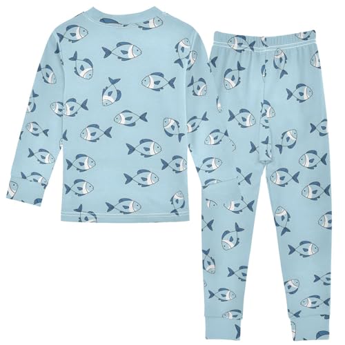 Pajama Sets Long Sleeve Blue Fish Cute Pattern Soft Comfy Sleepwear 2 Piece PJS 3-8T3