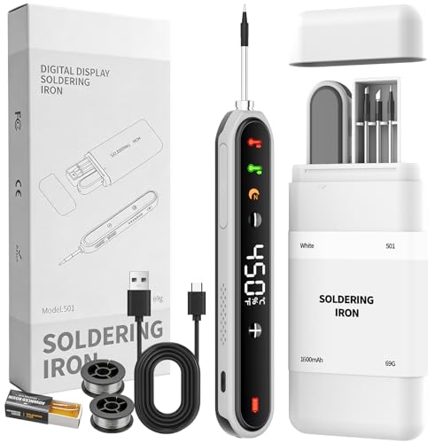 Image of Cordless Soldering Iron Kit, 8S Fast Heating, Type-C Charging, Adjustable Temp 180~450℃, 3 Replaceable Tips, 1600mAh Portable Wireless Soldering Pen for Electronics Repair and DIY Projects-White