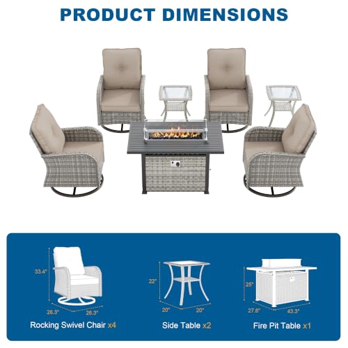 Image of 7-Piece Small Patio Furniture Set, Outdoor Swivel Rocking Chairs Set with 55,000 BTU Fire Pit Table Wicker Chairs and Tempered Glass Side Table, Patio Bistro Set for Balcony, Deck, Porch