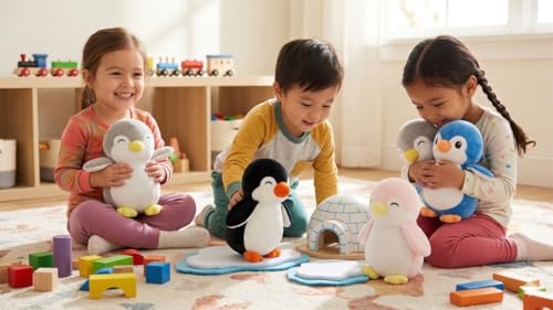 Image of Soft Toys 4-Piece Penguin Plush Toy Set (18cm) - Colorful Stuffed Animal Combo (Pink, Blue, Grey, Black) | Cute Huggable Penguins for Kids, Toddler Birthday Gifts, Return Favors & Room Decor