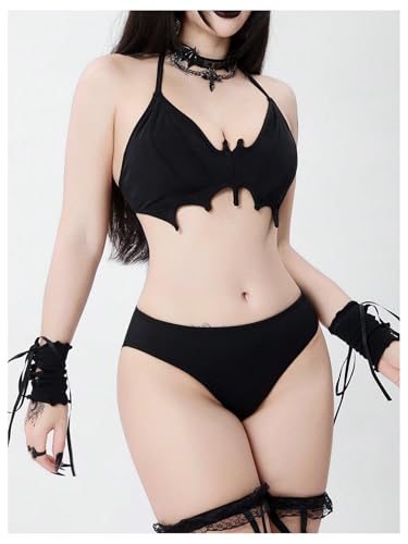SweatyRocks Women's Gothic Bikini Sets Bat Bathing Suit Y2K Halter Triangle Swimsuits3