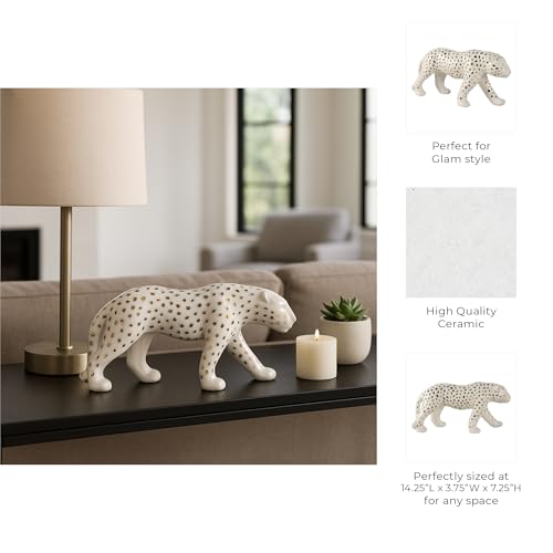 Escultura decorativa de leopardo caminando 8" blanco y dorado miniatura 5