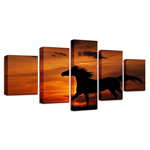 Toile Chevaux coucher du soleil 5 pièces habiller un grand mur vide décoration salon