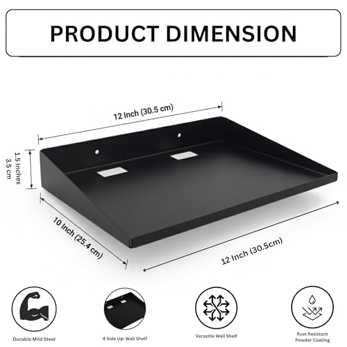 Image of Heavy-Duty Wall-Mount Metal Shelf 12x10 - Floating Shelf for Projector, Router, TV Setup Box | Matte Black Organizer for Kitchen, Bathroom & Home Decor