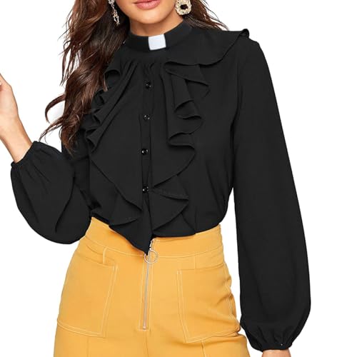 Womens Church Clergy Shirt Tab Collar Elastic Cuff Long Sleeve Lotus Ruffled Blouse Top2
