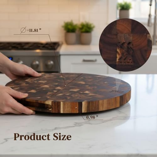 Tabla de cortar redonda de madera de acacia de 30 cm con mango, bloque de carnicero sólido, para pizza, carne y charcutería miniatura 2