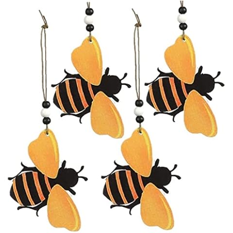 Fopytu 4 Pcs Bumble Bee Sign Wooden Wall Tree Hanging Pendant Cute Wood Bee Ornament Crafts Pastoral Bee Honey Home Decor Cover