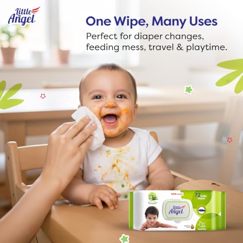Image of Little Angel Super Soft Cleansing Baby Wipes Lid Pack, 648 Count, Enriched with Aloe vera & Vitamin E, pH balanced, Dermatologically Tested & Alcohol-free, Pack of 9,72 count /pack