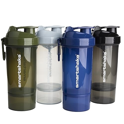 Smartshake O2GO 4er-Pack Protein Shaker Flasche mit Pulverfach 600 ml | 20 oz – Auslaufsicherer Schraubdeckel – BPA frei – Unisex Gym Shaker – Nebelgrau, Armeegrün, Schwarz, Marineblau