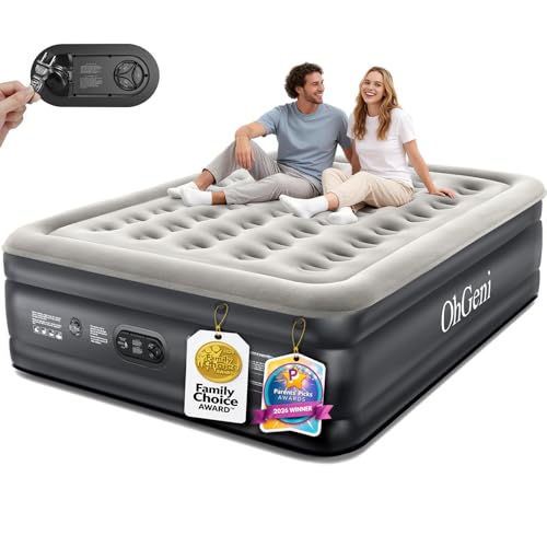 OhGeni Air Mattress Queen with Built in Pump, 18' Raised Inflatable Blow Up Mattress, Upgraded Surface Portable Bed for Home, Camping, Colchone Inflable, Ideal Sleep Solution for Guests, 1-Pack Only