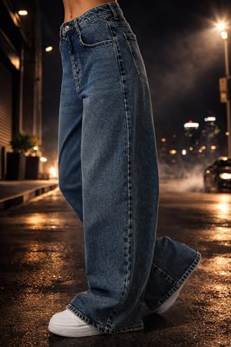 Image of KOTTY Women's Wide Leg Denim Jeans | Loose Fit High Rise Baggy Style Jeans for Women