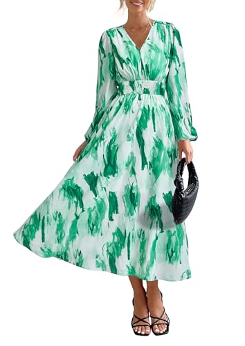 PRETTYGARDEN Women's Floral Midi Dress Casual Fall V Neck Long Sleeve Flowy Spring Beach Wedding Guest Vacation Dresses