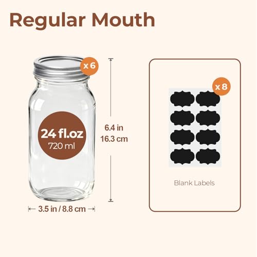 Image of ComSaf 24 oz Mason Jars Regular Mouth 6 Pcs, Large Canning Jars with Seal Bands, 24 oz Glass Jar with Lid for Jams, Sauces, Juice, Coffee, Pickling, Fruit, Dessert, Kitchen Storage
