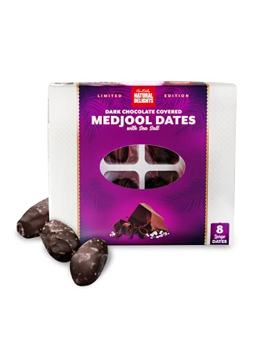Natural Delights Premium Dark Chocolate Covered Dates with Sea Salt, 227g | Sustainably Grown Medjool Dates, Ethically Sourced Cacao | Kosher-Certified Pitted Dates, Ready to Eat Healthy Snacks