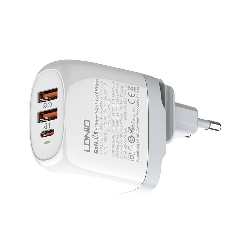 T Teclusive Multi Port Gan 65W Charger Type C USB with PD QC Compatible for iPhone 14 13 12 11 Pro Max/iPad MacBook / S23 S22 Ultra | 3 Ports Super Fast Charging USB C Mini Wall Adapter
