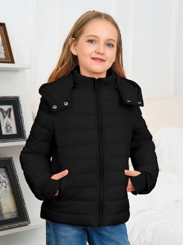 Haloumoning Girls Hooded Puffer Jacket Kids Winter Quilted Down Coats with Zipper Pockets 5-14 Years2