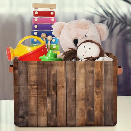 Image of Rustic Wooden Board Storage Baskets for Organizing, Fabric Collapsible Storage Bins Box Retro Decorative Toy Organizer Baskets for Closet Shelves Gift Basket 1 Pc