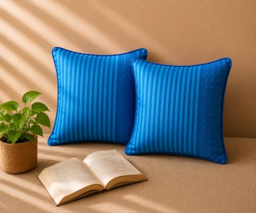Image of RANGBHAR Handloom 100% Cotton Cushion Cover Set of 2 | Cushion with All-Around Piping for Premium Finish | 16x16 Inches Hand Woven Striped Cushion Covers - Blue