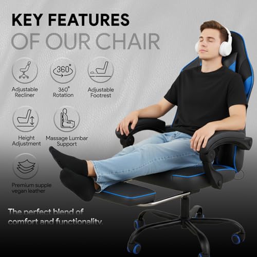 Image of ValorX USA Striker 2026 Edition | Ergonomic Gaming & Office Computer Chair | Premium PU Leather | Dual Massager Back Support | Adjustable Neck & Lumbar Pillow | Ergo Sync Armrests | Footrest (Blue)
