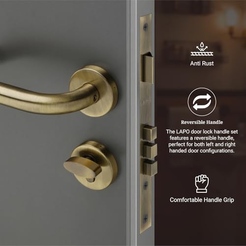 Image of LAPO Mortise Door Lock for Home Main Door & Bedroom with Handle | Heavy-Duty 70mm Cylinder | 50x85mm Body | 3 Brass Keys | Left-Right Fit 30-50mm Door Home Office Hotel | Antique Finish |CMH-6T