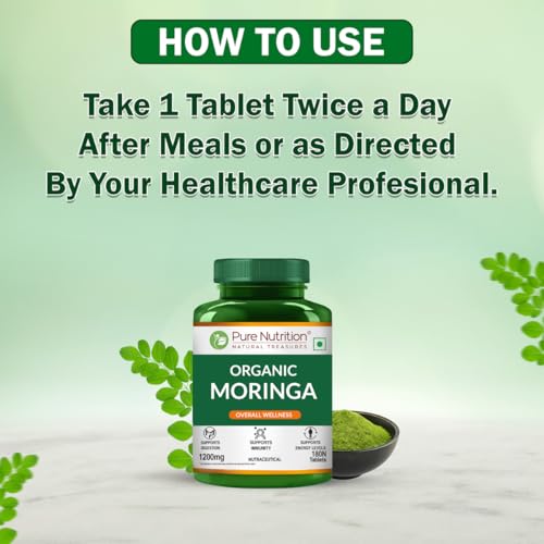 Image of Pure Nutrition Organic Moringa Tablets with 1200mg Leaves Extract | Moringa Tablets for Healthy Digestion, Immunity, Energy Levels & Detox - 180 Veg Tablets