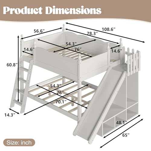 Image of Bellemave Bunk beds Full Over Full with Slide and Stair, Low bunk /loft Bed for Kids,Beige