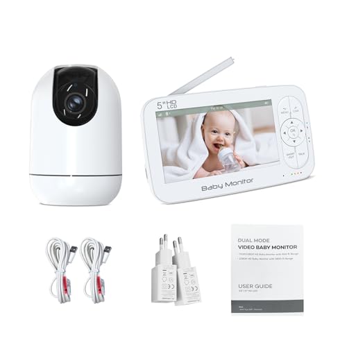 Yinhing Vigilabebés con Cámara y Audio, Pantalla de 5 Pulgadas 720P HD Alcance de 300 M Rotación de 355 Grados, con Audio Bidireccional y Visión Nocturna, para Padres Mascotas Mayores (Enchufe de la
