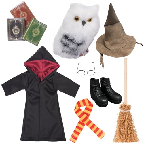NEVGVUP Wizard Christmas Elf Accessories for Elf Doll Clothes Christmas Costume Includes Robe, Broom, Scarf, Mini Glasses, Mini Book, Owl, Shoes and Hat(Wizard Setting pro)
