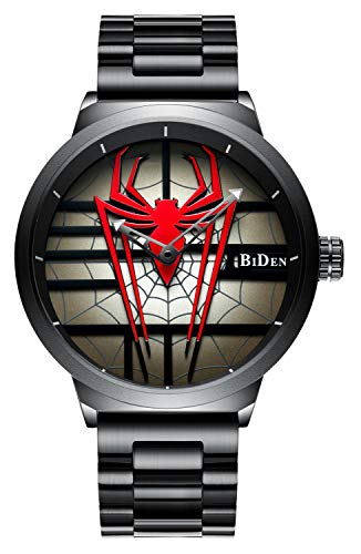 Men's Fashion Sports Watches Personality Spider Full Stainless Steel Quartz Hollow Waterproof Cool Casual Wristwatches (Red)