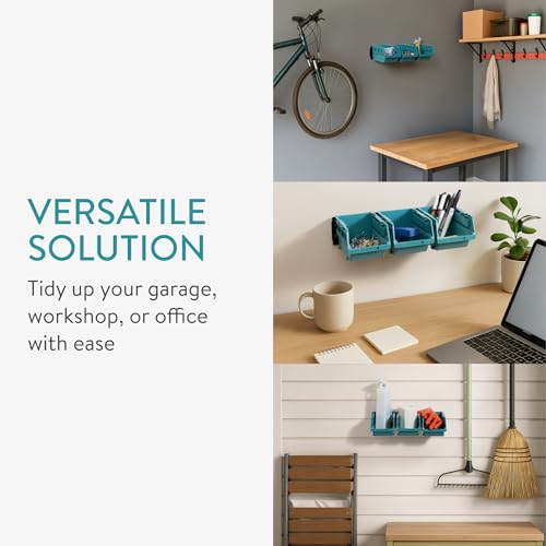 Navaris Storage Bins - Interlocking Plastic Van Boxes - Wall Mounted Compartments for Screws Nails Small Tool Parts - Workshop, Garage, Drawer Shed Bolt Organiser - 3 Bins & 1 Rail - Image 4