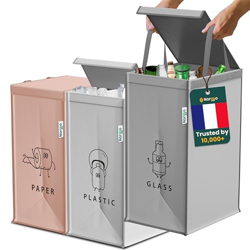 Norggo® Poubelle tri selectif 3 bacs 40L - Sac tri selectif pour le plastique, le papier et le...