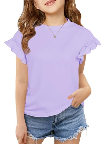 Image of Haloumoning Girls Ruffle Short Sleeve T Shirts Kids Summer Crewneck Tops Cute Tees Blouse 5-14 Years