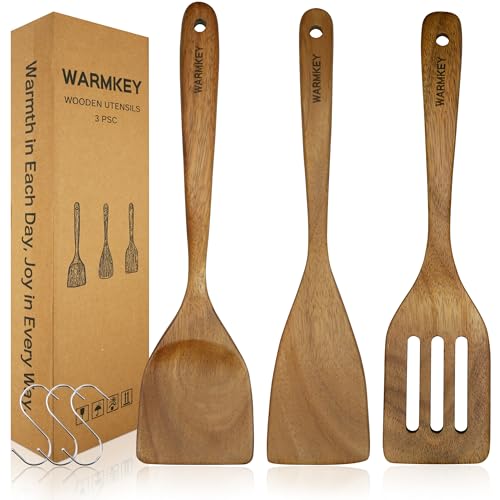 WARMKEY Acacia Wood Spatula Set of 3 - Natural Wooden Cooking Utensils for Nonstick Pans, Scratch-Proof & Heat Resistant, Sturdy & Lightweight Kitchen Tools with Hanging Holes