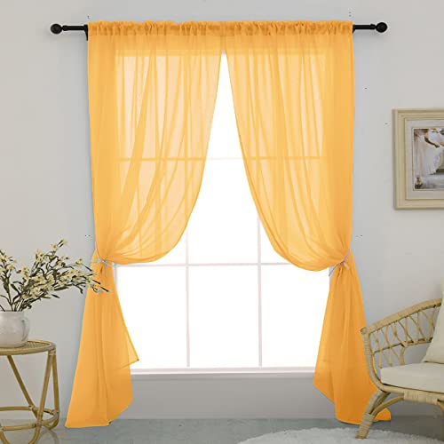 Yancorp 2 Pack Sheer Curtains 63 Inches Long Yellow Sheer Curtains Semi Transparent Window Curtain Drapes For Bedroom Living Room(W52 X L63, Golden Yellow) #TOP1