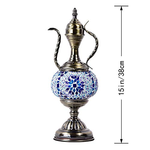 Marrakech Turkish Mosaic Glass Table Lamp Teapot Moroccan Lantern Decorative Tiffany Style Desk Night Light For Bedroom,Living Room, Coffee Table (Blue) #TOP1