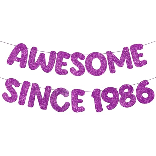Image of Fulmoon Pre-strung Awesome Since 1986 Banner Glitter Happy 40th Birthday Banner Funny 40th Birthday Decorations 1986 Party Decorations for Men Women Anniversary(Purple)