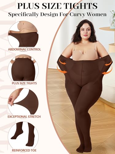 Image of Plus Size Opaque Tights for Women 240D Soft Solid Color Footed High Waist Control Top Pantyhose