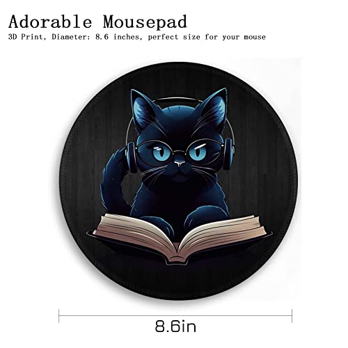 Image of Cat Round Mouse Pad, Cute Small Mouse Pad for Desk, Funny Black Mousepad,Stitched Edge Non-Slip Rubber Base, Personalized Computer Mouse Pads for Wireless Mouse,Office Decor Desk Accessories