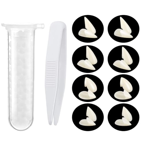 TNSOYCA 4 Pares Dientes de Vampiros, Colmillos Vampiro, 4 Tamaños, con Pellets de Dientes Adhesivos, para niños y Adultos,para Fiesta de Halloween,Cosplay,Disfraz de Vampiro