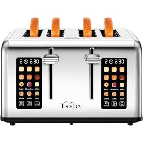 Toastley Smart Toaster 4 Slice with Dual Screen Touch Control. 4 Slice Toasters Wide Slots, Extra Lift, Auto Shutoff, Timer, Toast, Defrost, & Reheat Functions, 1760W, Silver