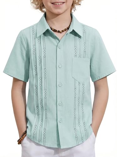 Arshiner Boys Guayabera Shirt Short Sleeve Cotton Linen Button Down Shirt Summer Beach Tops with One Pocket
