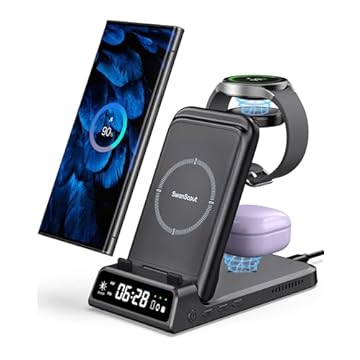 SwanScout Estação de Carregamento Sem Fio para Samsung, Carregador Dobrável 3 em 1 para Galaxy S24/S23/S22/Note 20/Z Flip/Z Fold, Galaxy Watch Ultra/7/6/5/4/FE, Galaxy Buds 3/2/Pro(Sem adaptador)