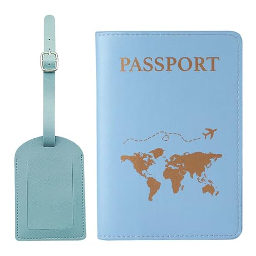 JUGUTA Porta Pasaporte, 1 Tarjeta De Embarque De Cuero + 1 Funda para Pasaporte, Portadocumentos De Viaje con Múltiples Ranuras, Diseño con Patrón Dorado, Color Azul, Tamaño Estándar