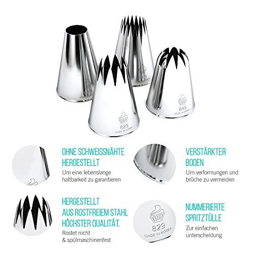 Spritztülle Cukkicakes 4er Set Profi XL (849, 869, 829, 808) für Dekoration