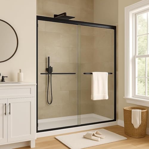 Image of Framed Shower Door 56-60 inch Wx72 inch H - Glass Shower Door, Aluminum Full-Frame, Double Sliding Shower Glass Door, 6mm Tempered Glass, Matte Black, Easy-Clean