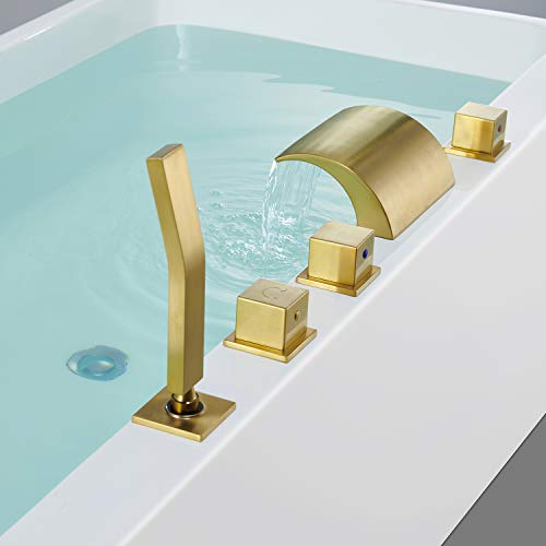 Hanallx Roman Tub Filler Waterfall Tub Faucet Brushed Gold Deck Mount Bathtub Faucets Brass Bathroom Faucets With Handheld Shower #TOP5