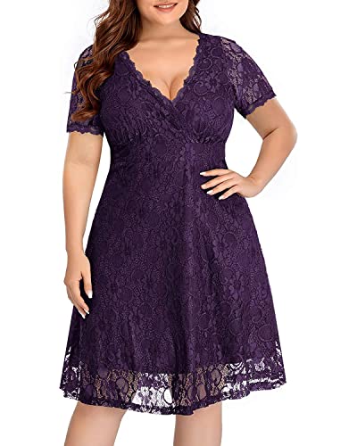 Image of Women's Wedding Guest Plus Size Semi Formal Cocktail Lace Wrap V Neck Short Sleeve Knee Length Dress