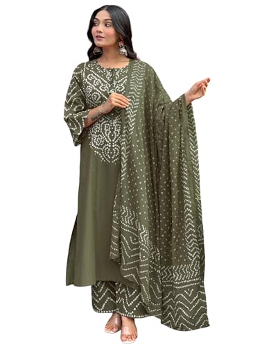 Image of GoSriKi Kurta Sets for Women Rayon Viscose Bandhani Printed | Kurti Set for Woman | Kurta Pant Dupatta Set | Straight Kurti | Round Neck 3 /4 Sleeve Suit Set for Women Stylish Ethnic Outfit